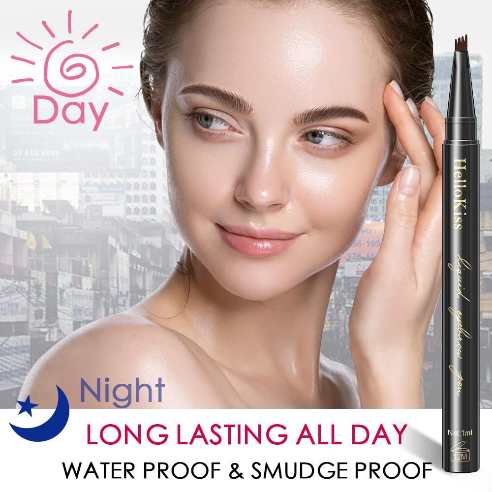 Eyebrow Pencil Dark Brown, Waterproof Microblade Eyebrow Pen 4 Fork Tip Pencil, Smudge Proof Brow Pen Long Lasting Liquid Brow E