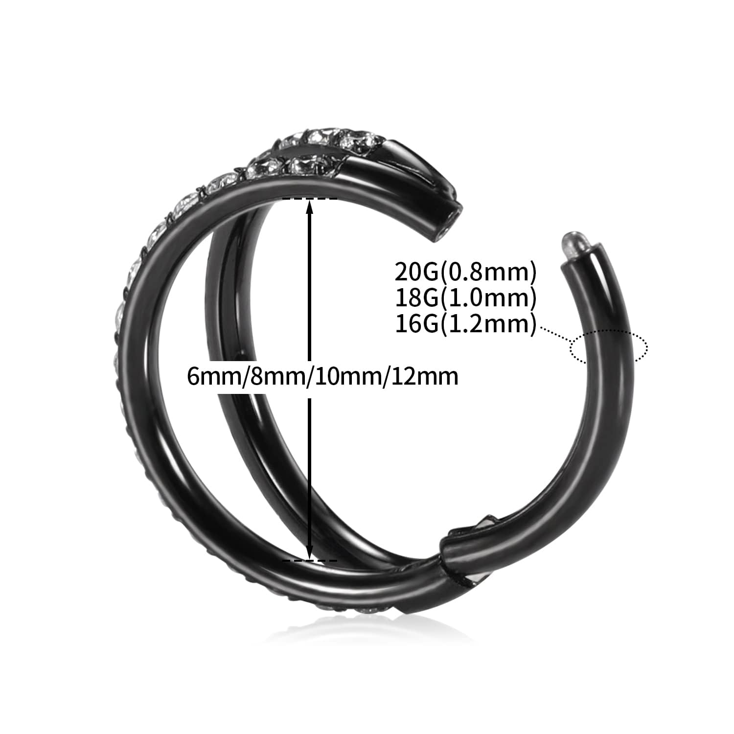 PEAKLINK Black Double Nose Hoop Ring Helix Cartilage Conch Earring 316L Surgical Steel Septum Jewelry 10mm with CZ Tragus Rook D