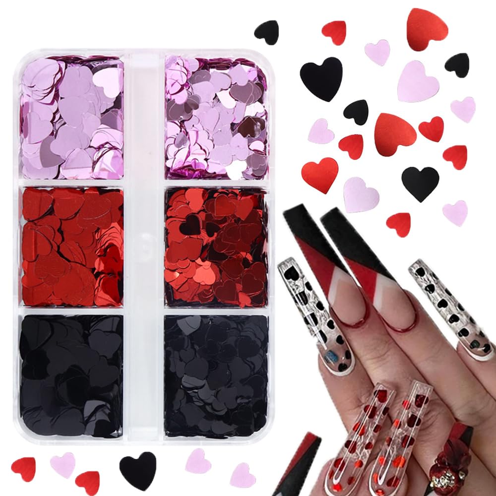 Valentines Day 3D Heart Nail Glitters Sequins 6 Girds Lovely Heart Design Nail Decals Holographic Laser Black Red Purple Nail Gl