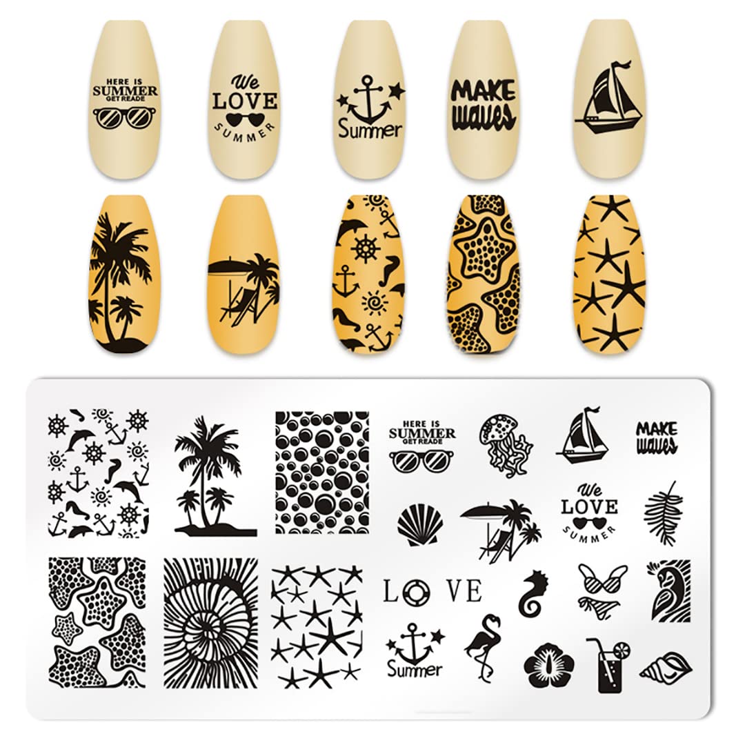 XEAOHESY 6pcs Seaside Scenery Nail Stamping Plate Nail Stamping Kit for Nails Summer Beach Coconut Trees Sunset Waves Sea Animal