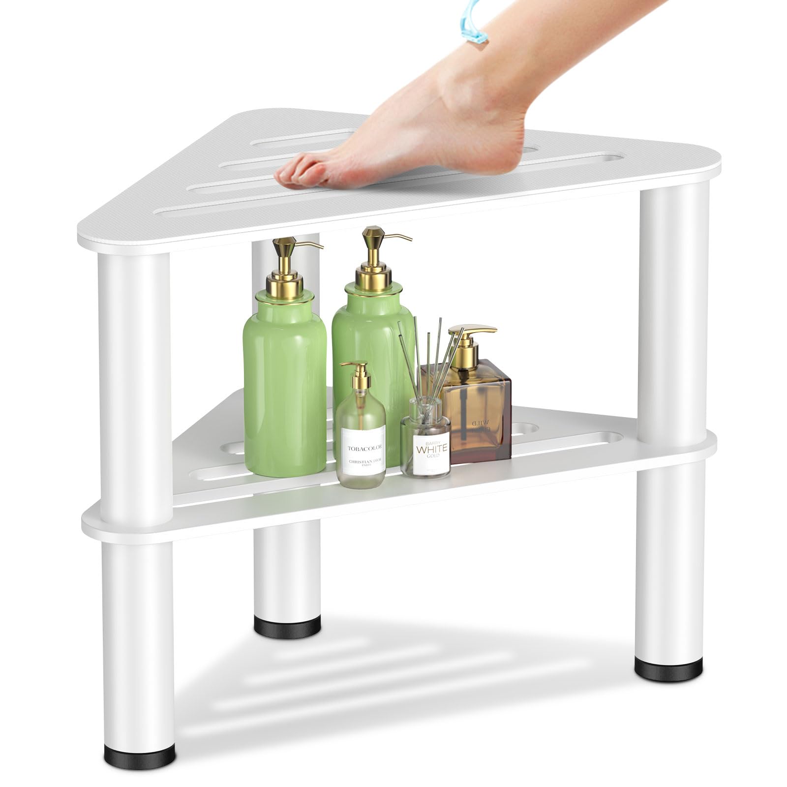 Metal Corner Shower Stool For Shaving Legs, Shower Foot Stool With Storage Shelf, Step Stool & Foot Rest, Small Shower Stool For