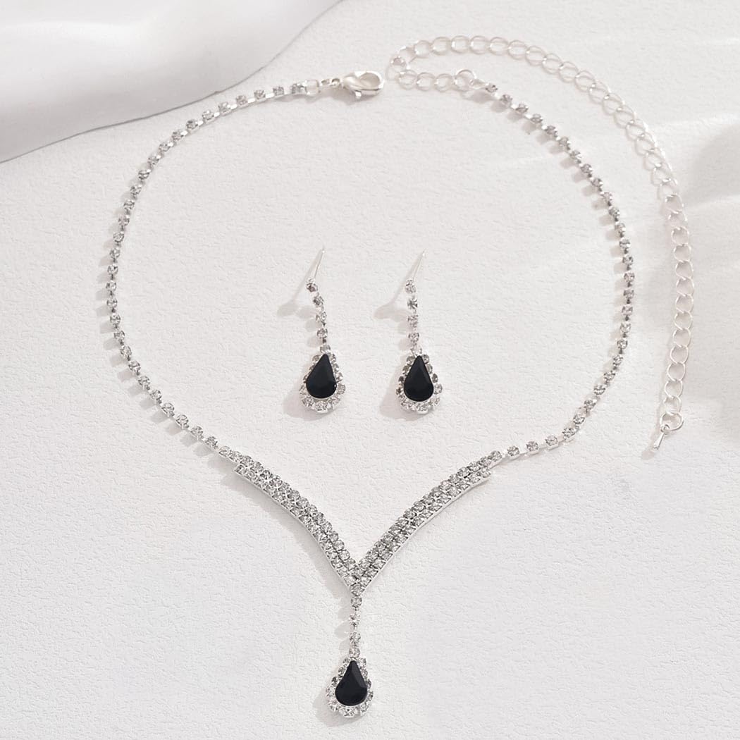 Unicra Bridal Wedding Jewelry Set Silver Rhinestone Necklace Earrings Sets Formal Costume Jewelry for Women and Brides (A-Black)