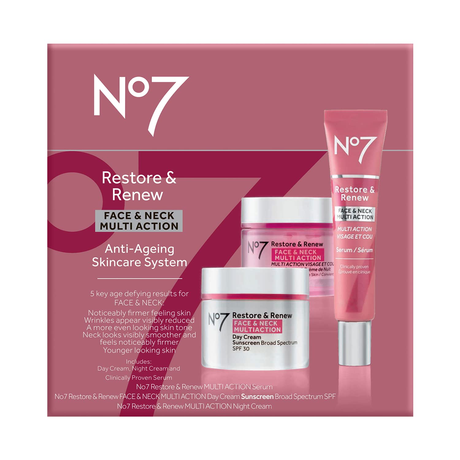 No7 Restore & Renew Face & Neck Multi Action Skincare System - SPF 30 Face Moisturizer & Anti-Aging Facial Serum For Deep Wrinkl