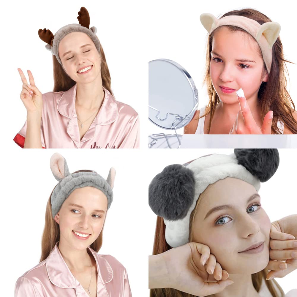 Ahoney Animals Ears Headbands, Cute Makeup Spa Fuzzy Skincare Headband For Washing Face Headband For Women Girls Coral Fleece El