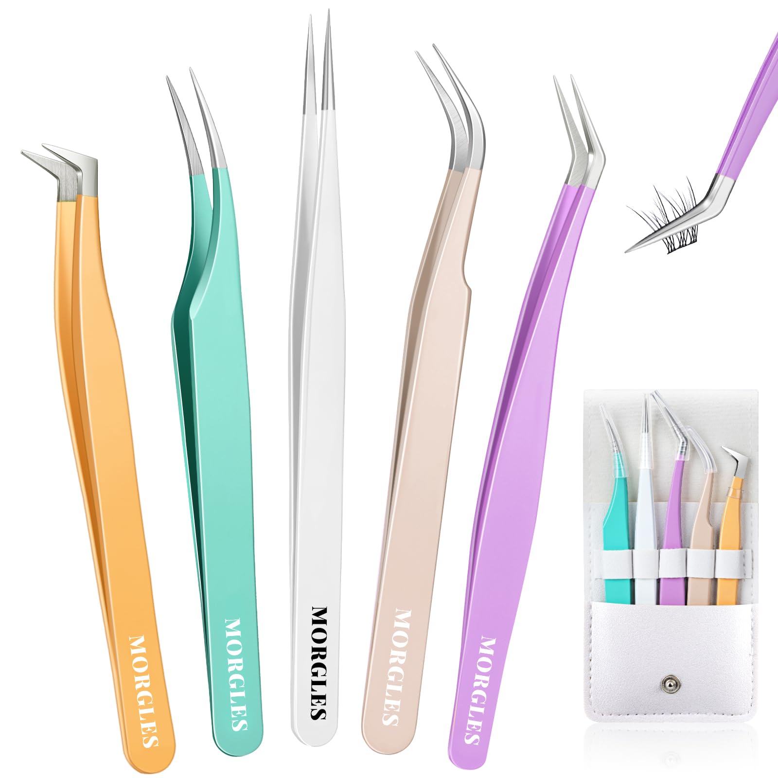 Morgles Straight&Curved Lash Tweezers For Eyelash Extensions, 5Pcs Eyelash Tweezers For False Lashes, Precision Tweezers For Cra