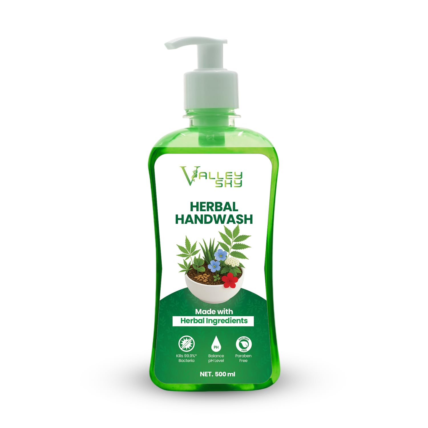 Valleysky Herbal Handwash 500Ml | Neem, Tulsi & Aloe Vera | Natural Liquid Hand Wash | Kills 99.9%* Germs | ParabenFree | Ph Ba
