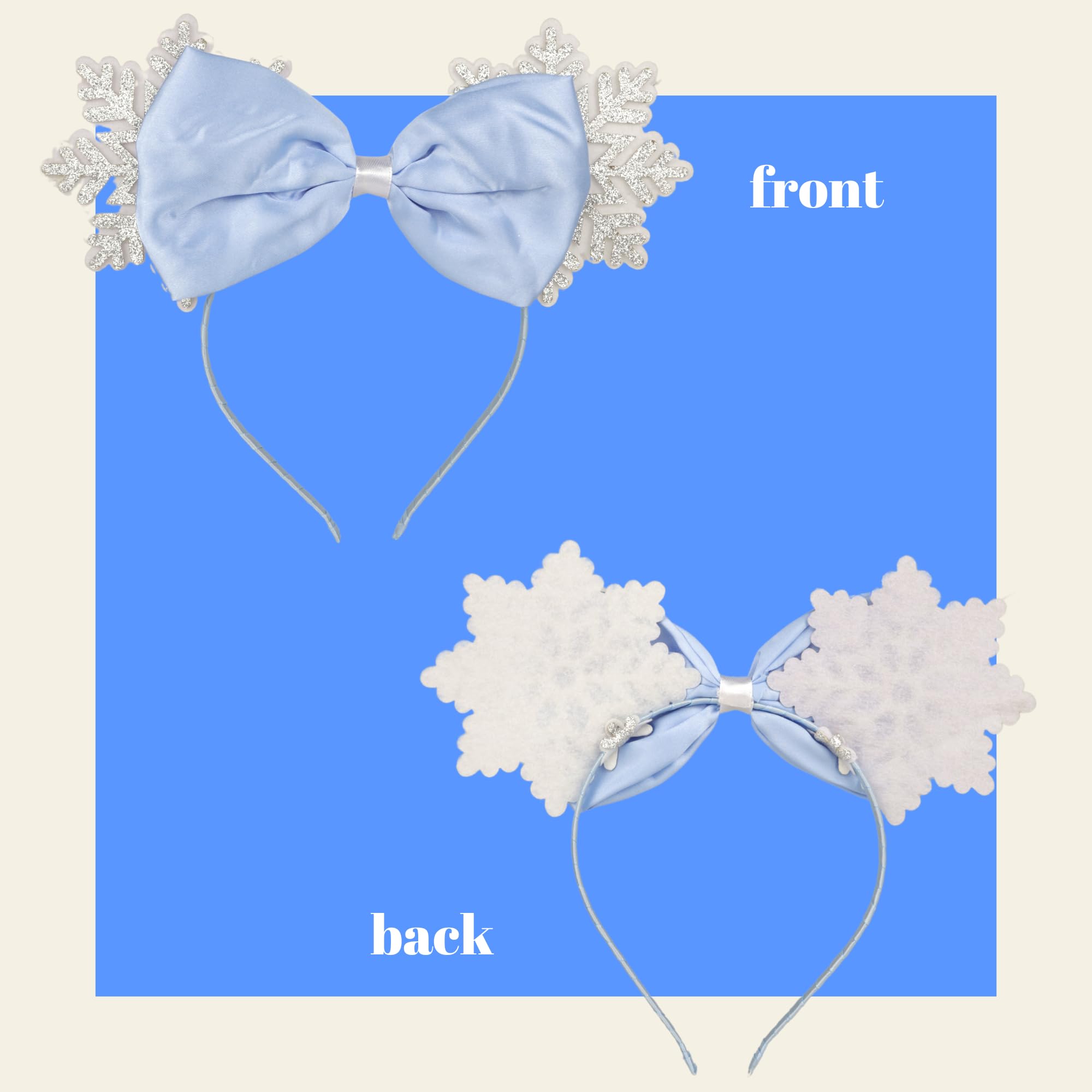 Needzo Snowflake Mouse Ear Headband with Bow, Frozen Glitter Hair Accessory for Women, One Size Fits Most, 9.5 Inches