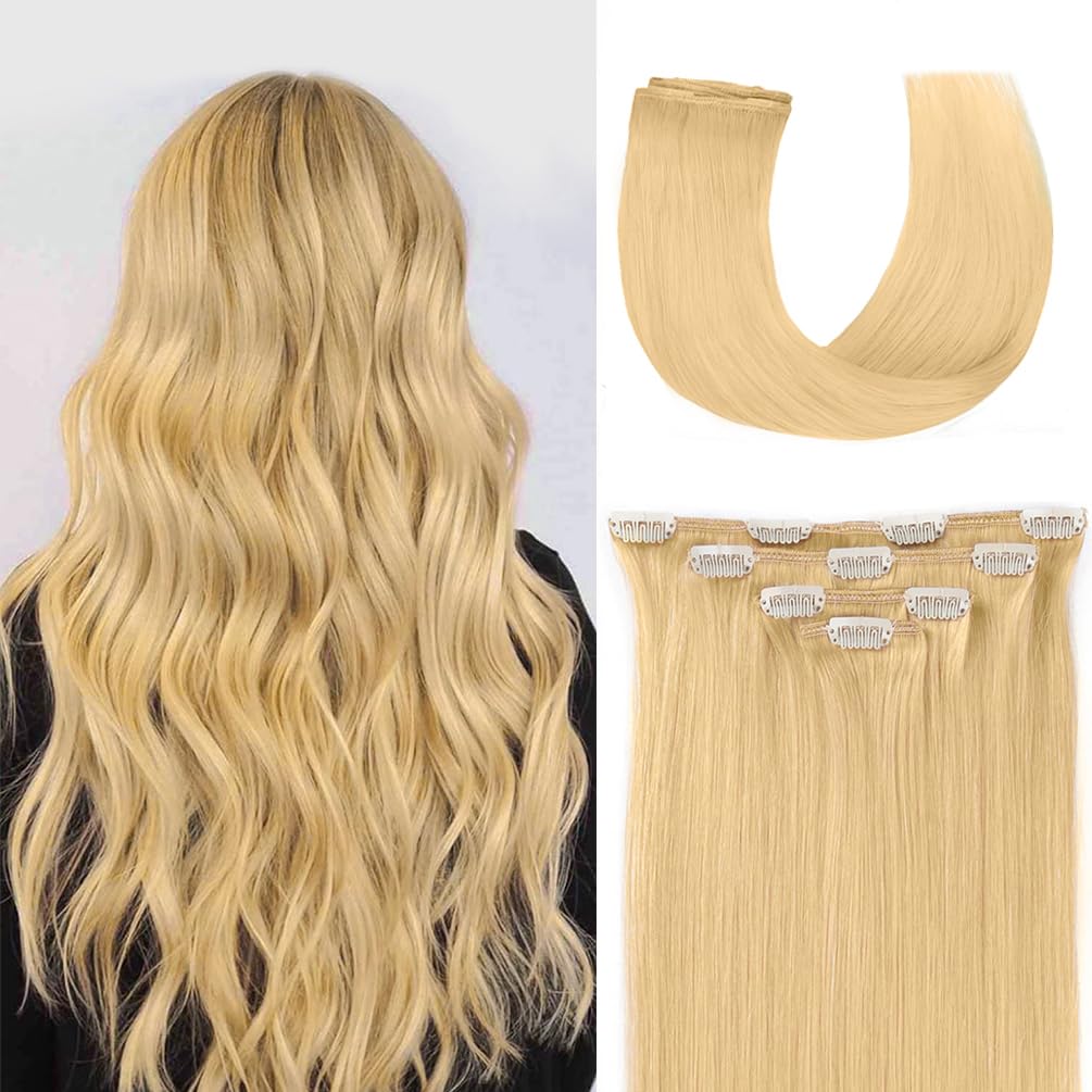 12'' Hair Extensions Clip In Human Hair For Women Beauty - Silky Straight Short Clip On Hair Pieces 50Grams 4Pieces Bleach Blond