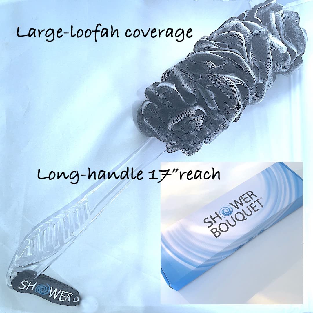 Loofah-Charcoal Back-Scrubber  Bath-Sponges By Shower Bouquet: 1 Long-Handle-Back-Brush Plus 2 Extra Large 75G Soft Mesh Poufs,