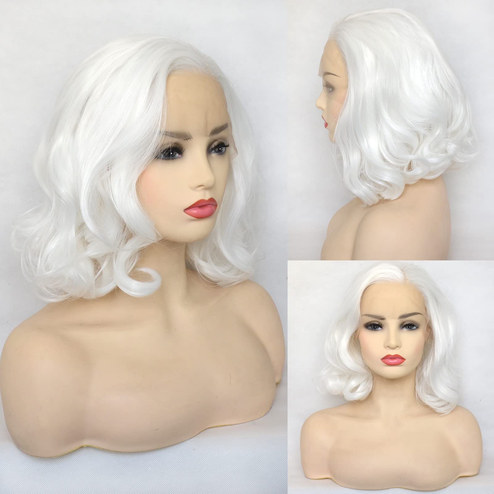 Bluple White Lace Front Wig Short Wavy Bob Style Platinum White 1001# Loose Wave Curly Synthetic Hair Side Part Half Hand Tied R
