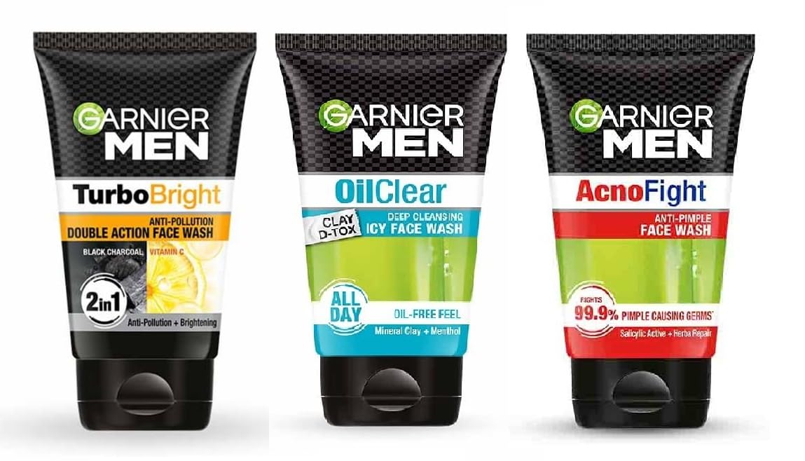 Garnier Men Acnofight,+ Turbo Bright AntiPollution Double Action, + Oil Clear Clay DTox Deep Cleansing Icy Face Wash (300 Ml) 