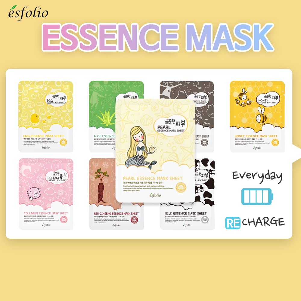 Esfolio Pure Skin Mask Box - Pearl Essence Sheet Mask Set, Hydrating & Nourishing Korean Face Masks, Revitalizing Skincare For S