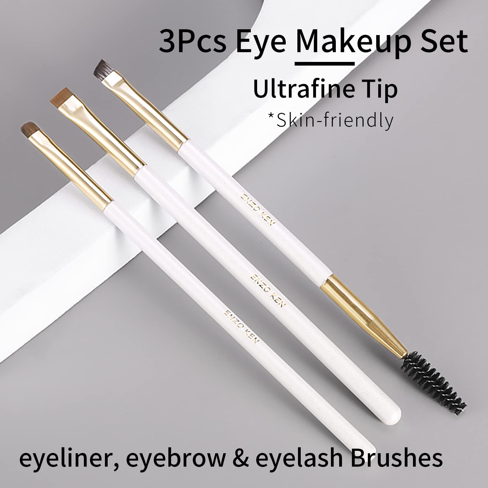 ENZO KEN Flat Angled Eyebrow Brush & Fine Angled Eyeliner Brush & Eyelash Brush Set, Fine Angled Brow Brush, Flat Eyebrow Brush,