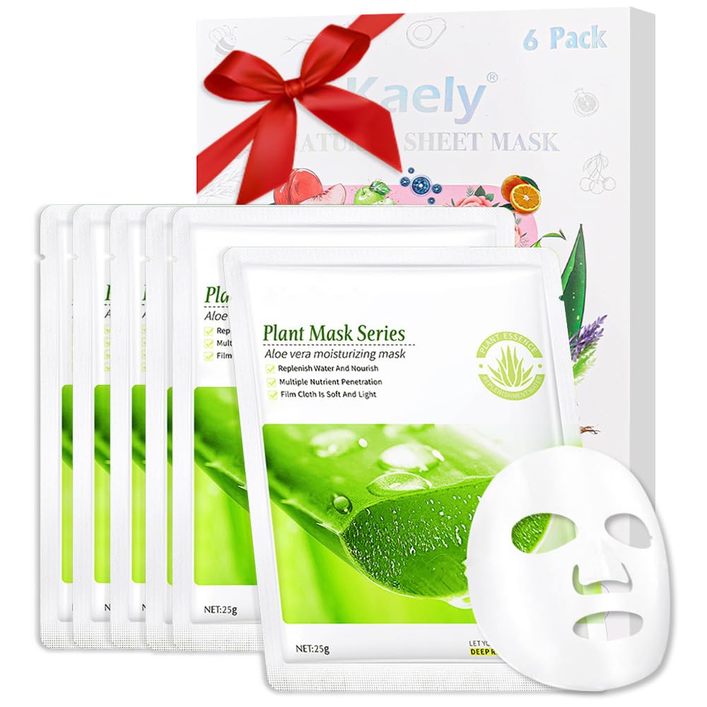 Kaely 6 Pack Aloe Vera Sheet Masks,Hydrating Smoothing Face Masks For Women Men,Facial Mask Skin Care Korean,Moisturize,Brighten