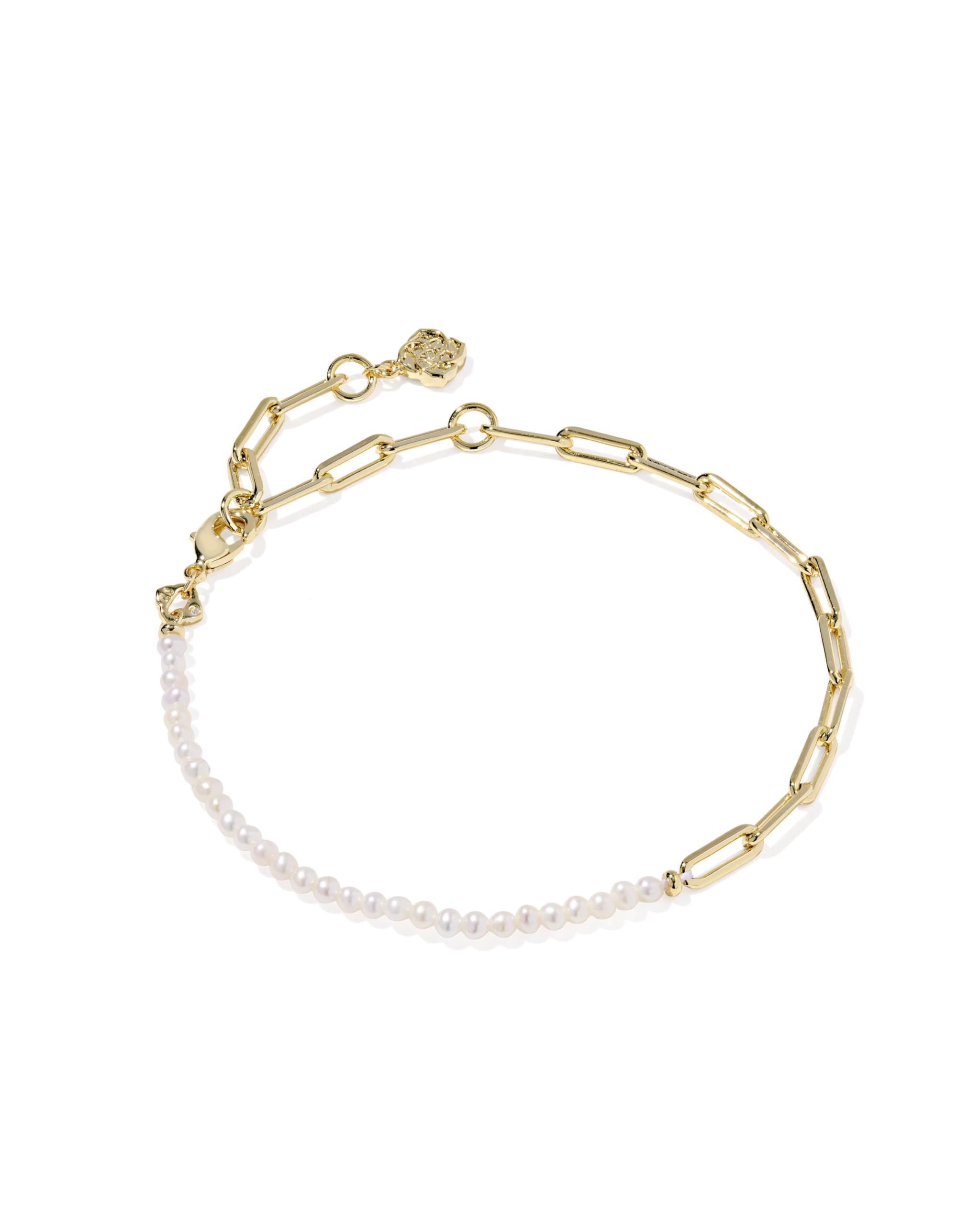 Kendra Scott Markie Half Chain Bracelet in Freshwater Cultured Pearl, 14k Gold-Plated Brass, Fashion Jewelry for Women