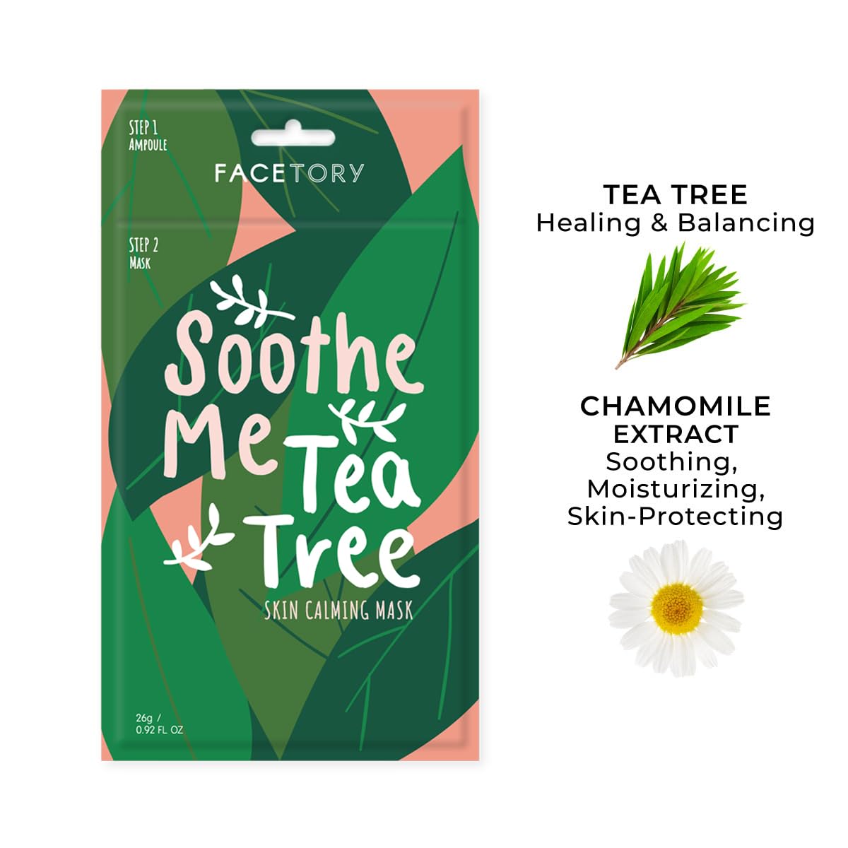 FACETORY K Beauty Face Mask Skin Care - Soothe Me Tea Tree 2-Step Sheet Mask with Tea Tree Extract & Chamomile + Soothing Ampoul