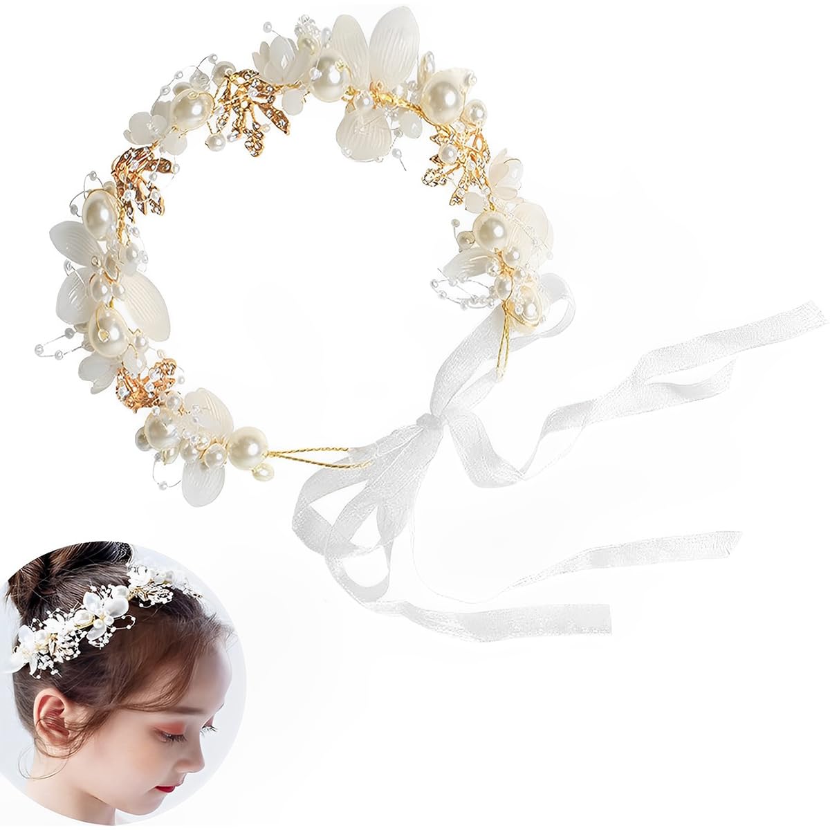 SANNIDHI Princess Tiara for Girls Kids Pearl Crystal Flower Crown for Girls Women Bridal Stylish Gold Floral Tiara Crown Hairban