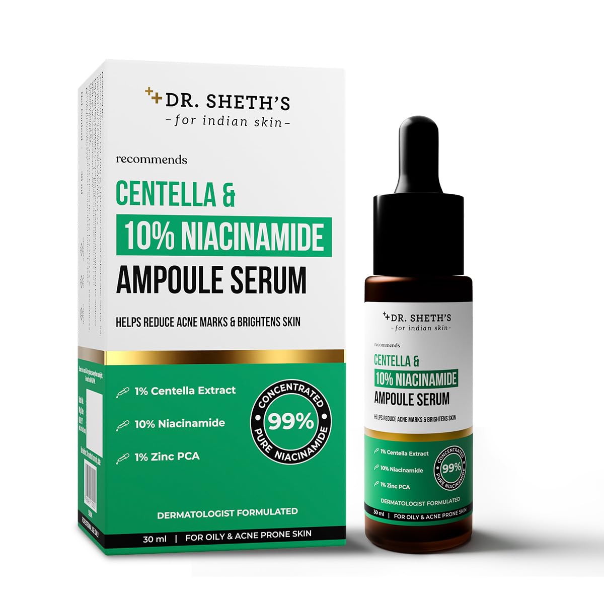 Dr. ShethS Centella & 10% Niacinamide Face Serum | Oil & Sebum Control | Acne Scars, Acne Marks, Redness & Skin Irritation | Li