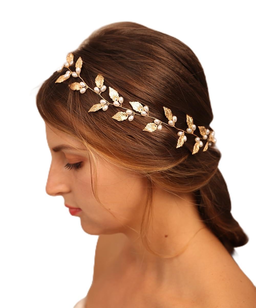 YERTTER Wedding Long Pearl Hair Vine Bridal Vintage Leaf Crystal Headband Wedding Hair Accessories Handmade Headpieces for Bride