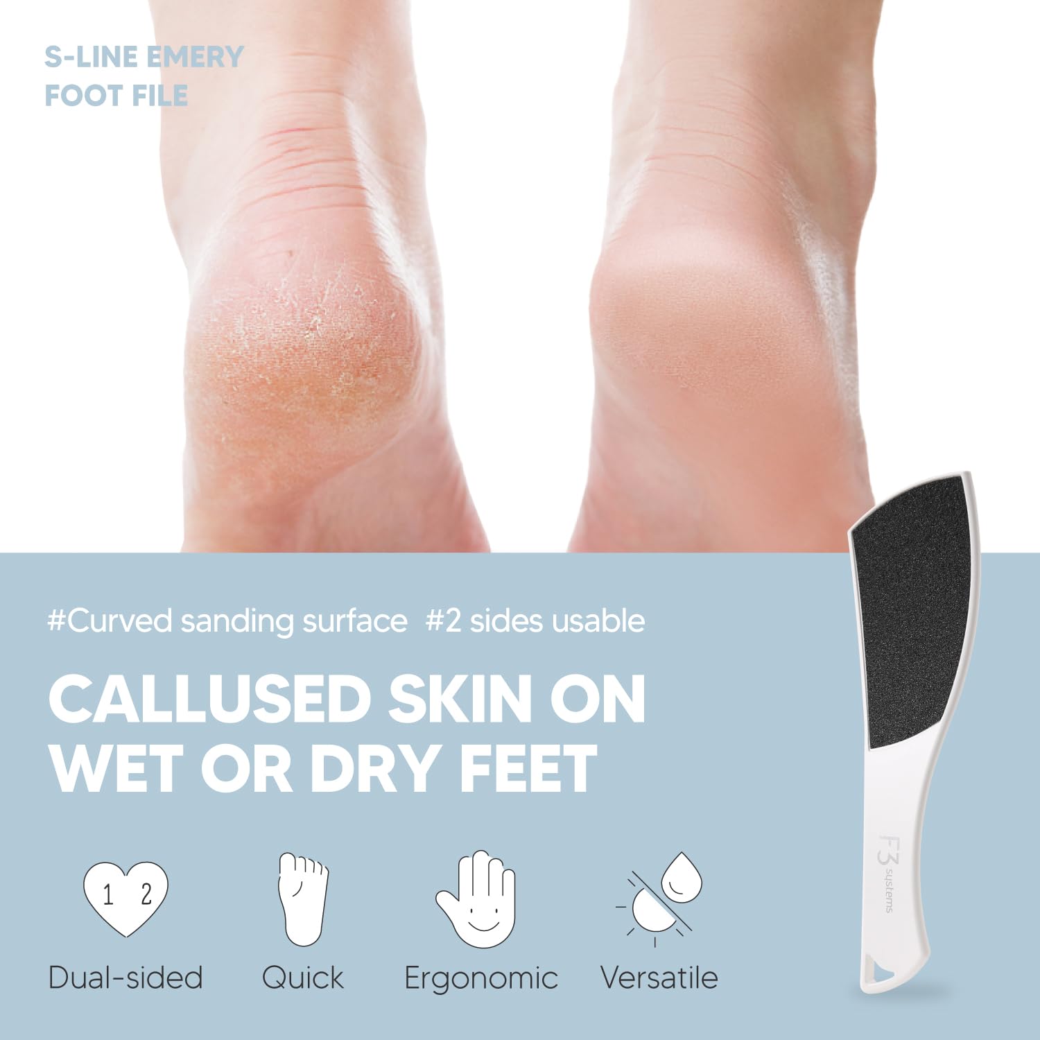 F3 Systems S-Line Emery Foot File & Foot Spray Set, Colossal Double-Sided Pedicure Tool, Effective for Cracked Heel, Ergonomic D