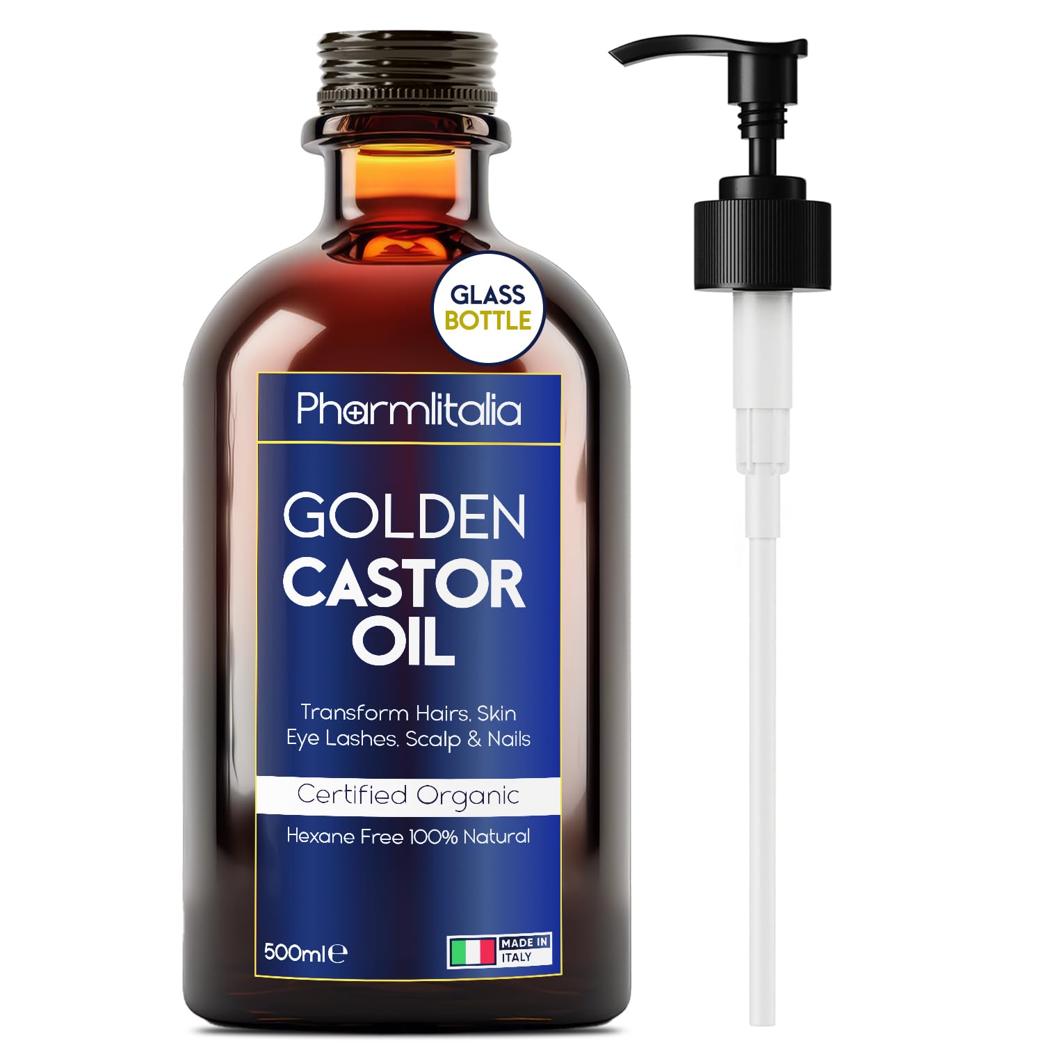 Pharmlitalia Pure Castor Oil Organic Cold Pressed Unrefined Glass Bottle - Hexane free Golden Castor Oil for face, hairs, Eyelas