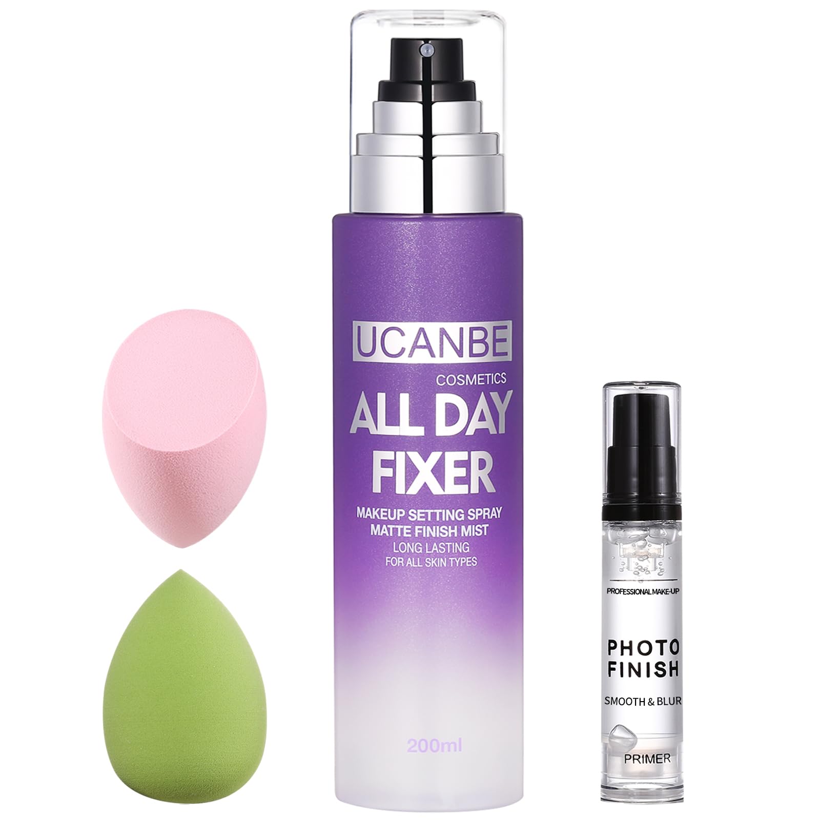 Ucanbe Makeup Setting Spray + Face Primer + Make Up Sponge, Gel-Based Hydrating Primer, Lightweight, Long Lasting Matte Finishin