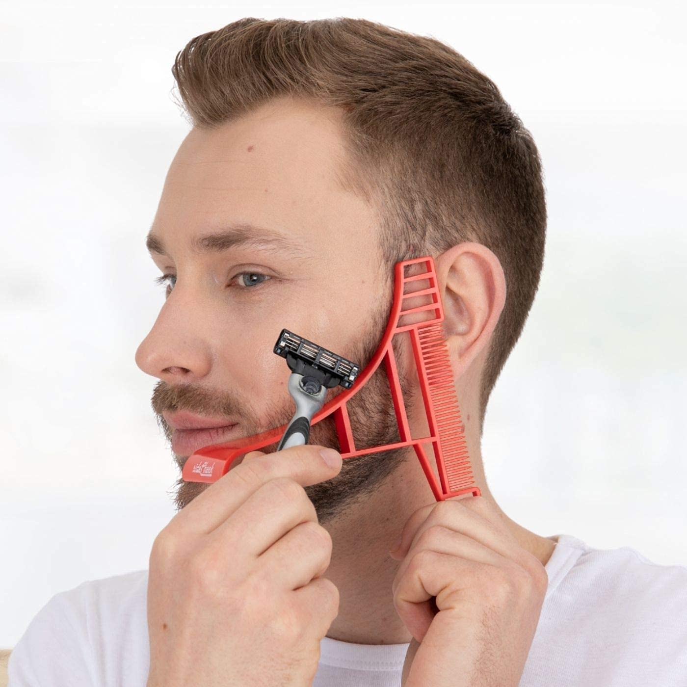 NEKMATE SIDECHEEK Beard Shaping Stencil Tool, Symmetric Curved Design, Plastic, 1 Count, Red, Model SC1
