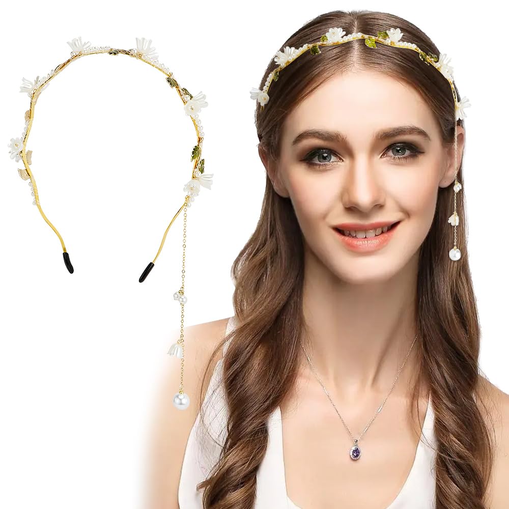 Ahoney Flower Headband For Women Girls Hair Vine Gold Leaf Boho Headband Wedding Fairy Accessories Headpiece Bridal Crown (Flora