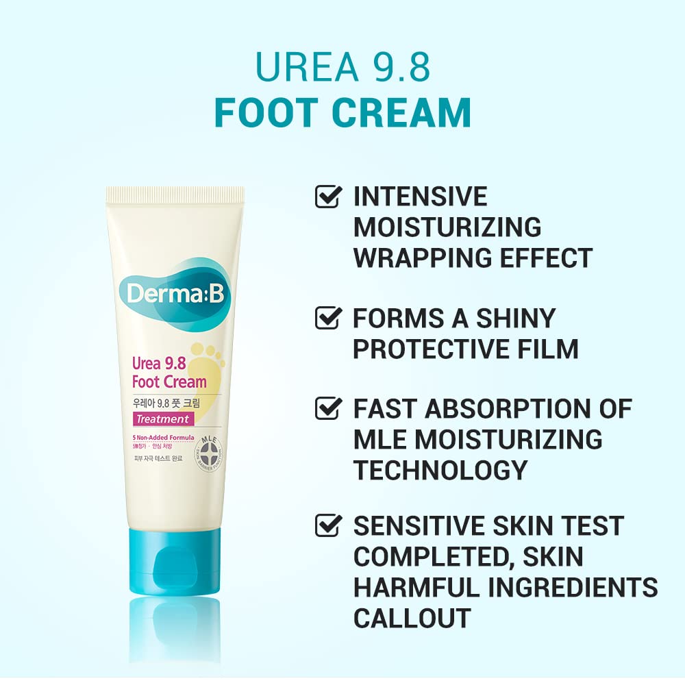 Derma B Urea 9.8% Foot Cream, Moisturizing Cream For Dry Cracked Feet With Camellia Oil, Hypoallergenic Leg Moisturizer For Sens