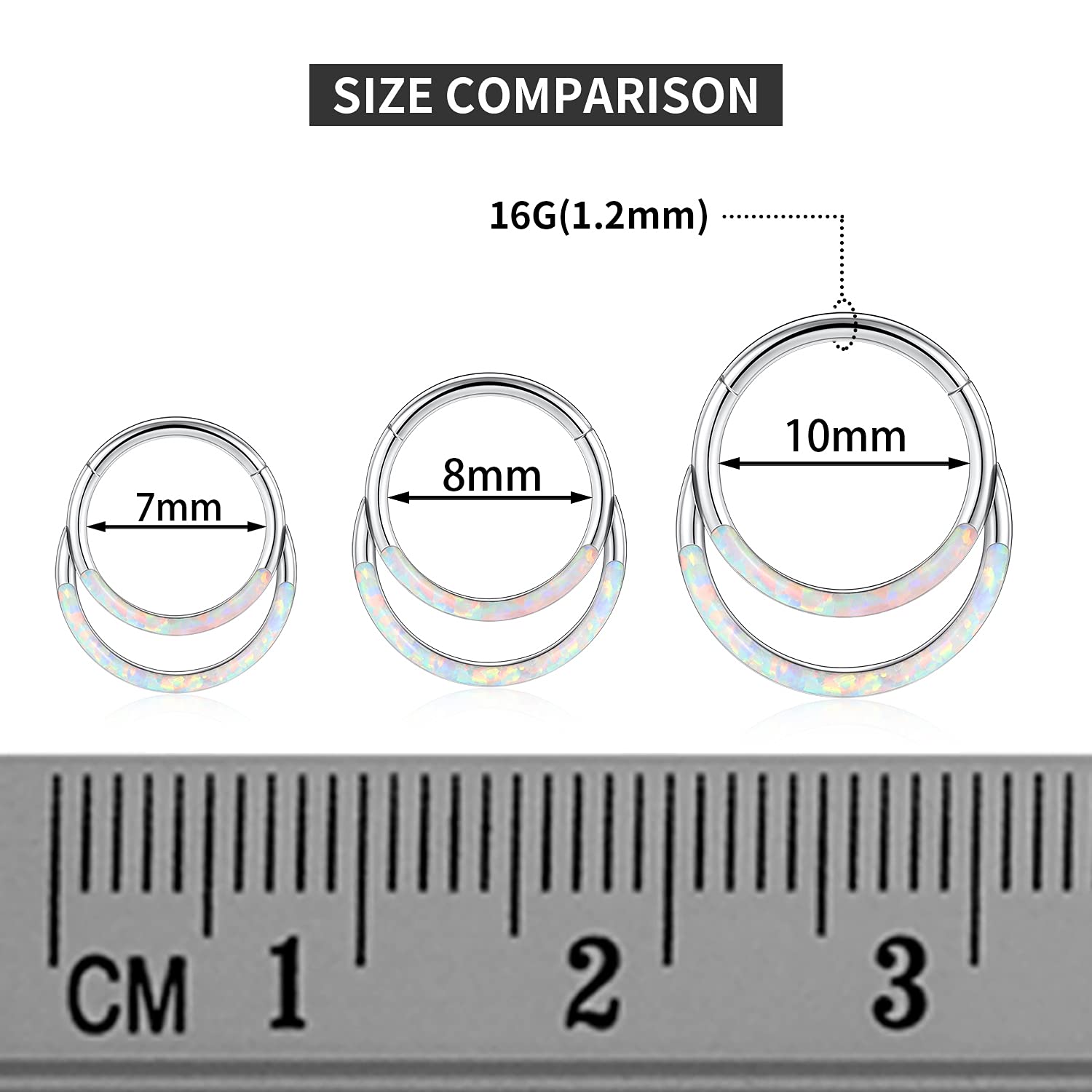 PEAKLINK 316L Surgical Steel Segment Clicker Daith Ring Double Layer Septum Piercing Jewelry 16G White Opal 8mm Helix Cartilage