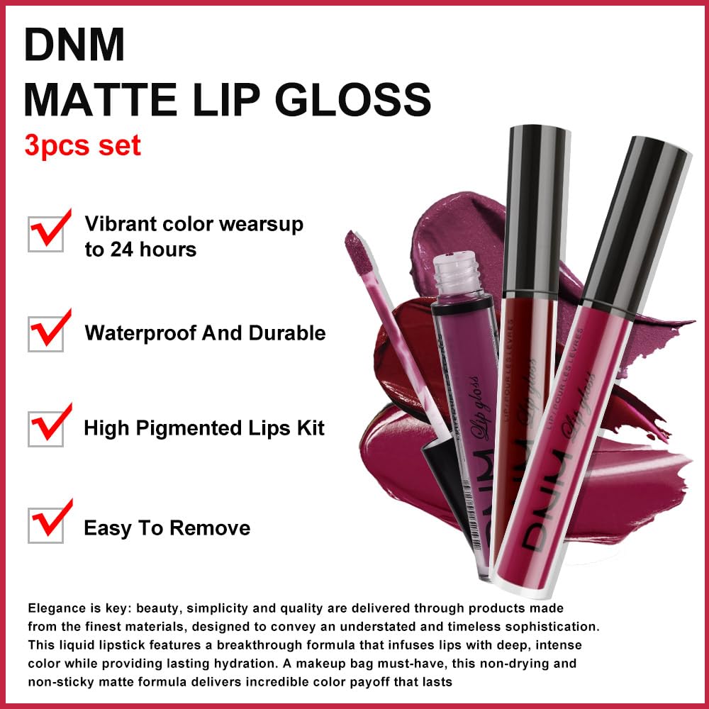 Amy'S Diary Dark Red Purple Matte Plum Liquid Lipstick 3Pcs Sets,24-Hour Lipstick Dark Deep Maroon Purple Brown Plum Red Lip Sta
