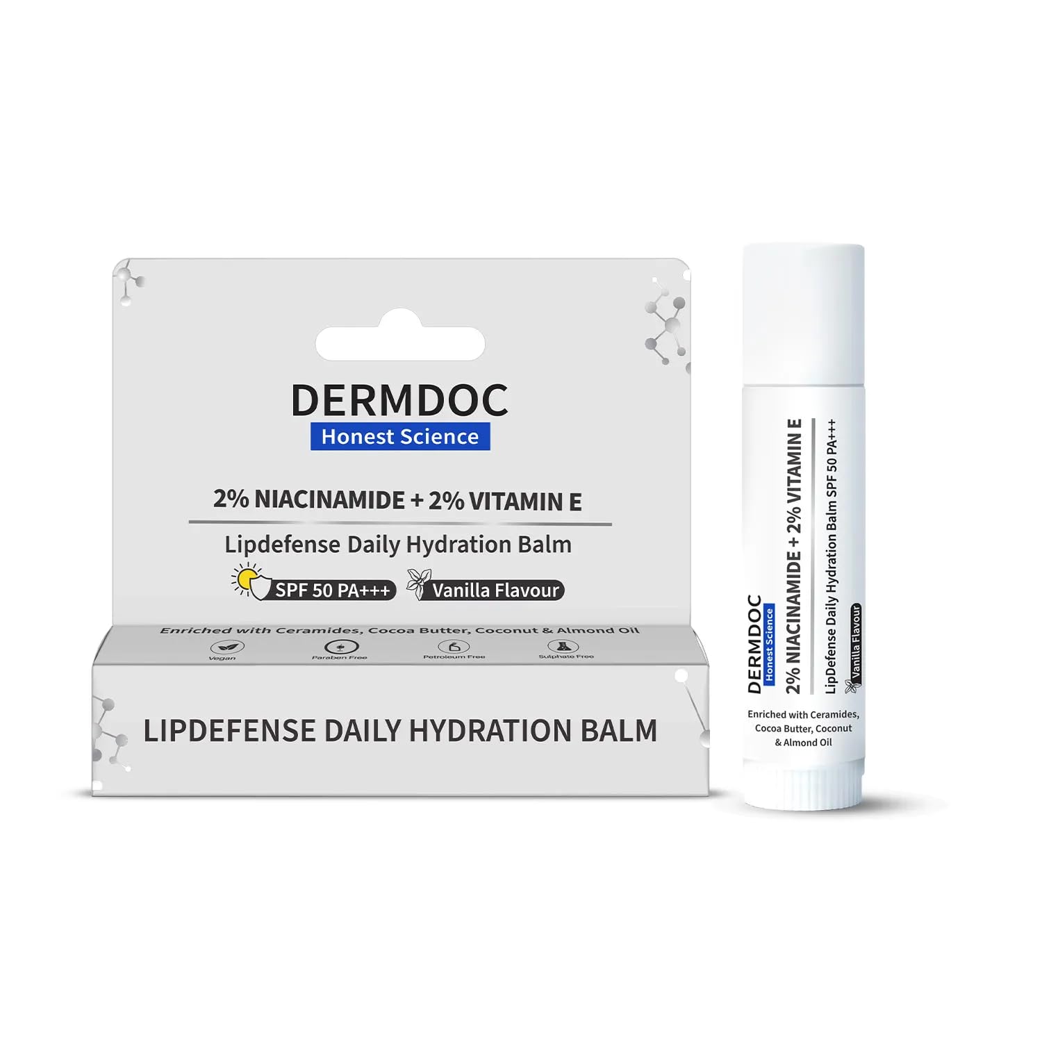 Dermdoc 2% Niacinamide + 2% Vitamin E Vanilla Lip Defense Lip Balm Spf 50 Pa+++ | Hydrates, Repairs & Protects Dry, Chapped Lips