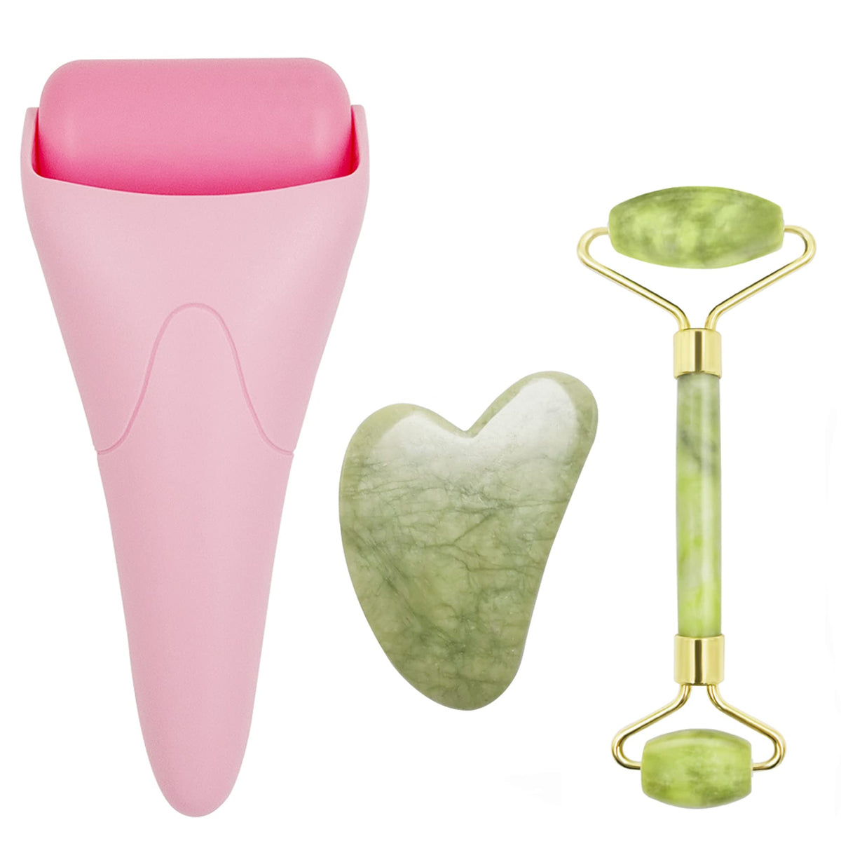 3 in 1 Ficial Face Ice Jade Roller and Gua Sha Tool, Natural Real Jade Anti-Wrinkle Face Eye Neck Massager Tool, Reduce Wrinkles