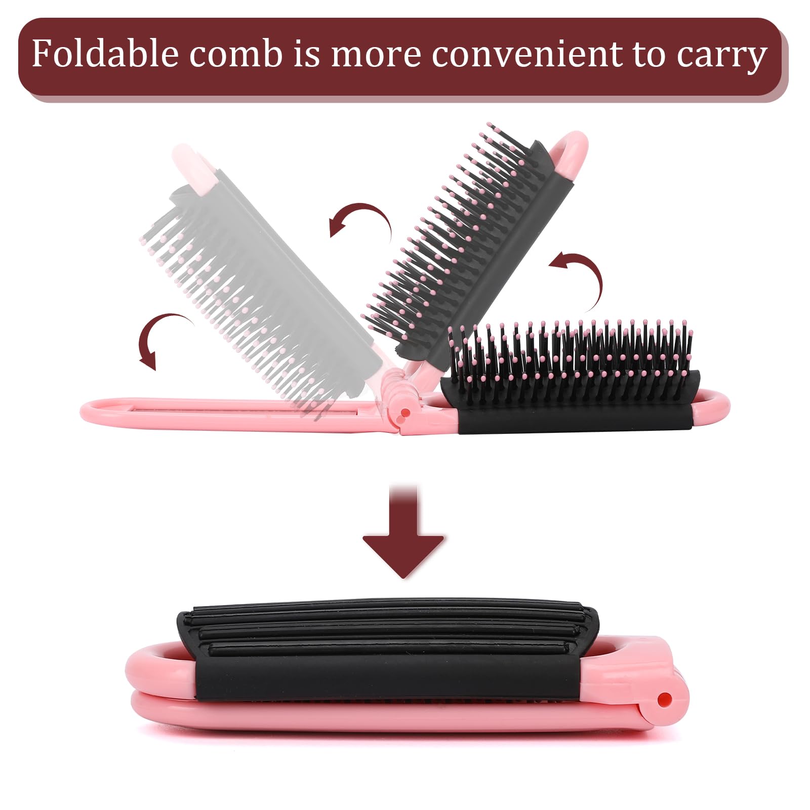 Folding Travel Hair Brush With Mirror, Massage Comb, And Styling Tool - Compact 2 Pack (Black & Pink)