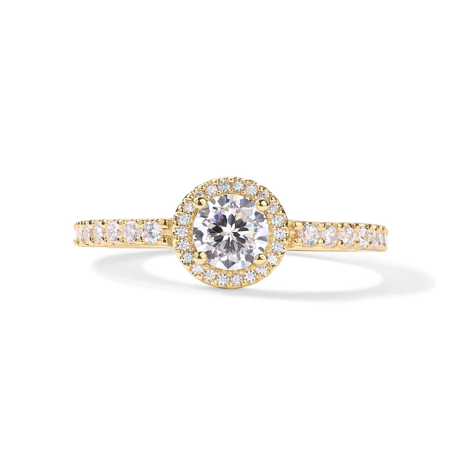 PAVOI 14K Gold Plated 5mm Round Halo Ring for Women | Promise Rings for Her (Yellow Gold, 9)