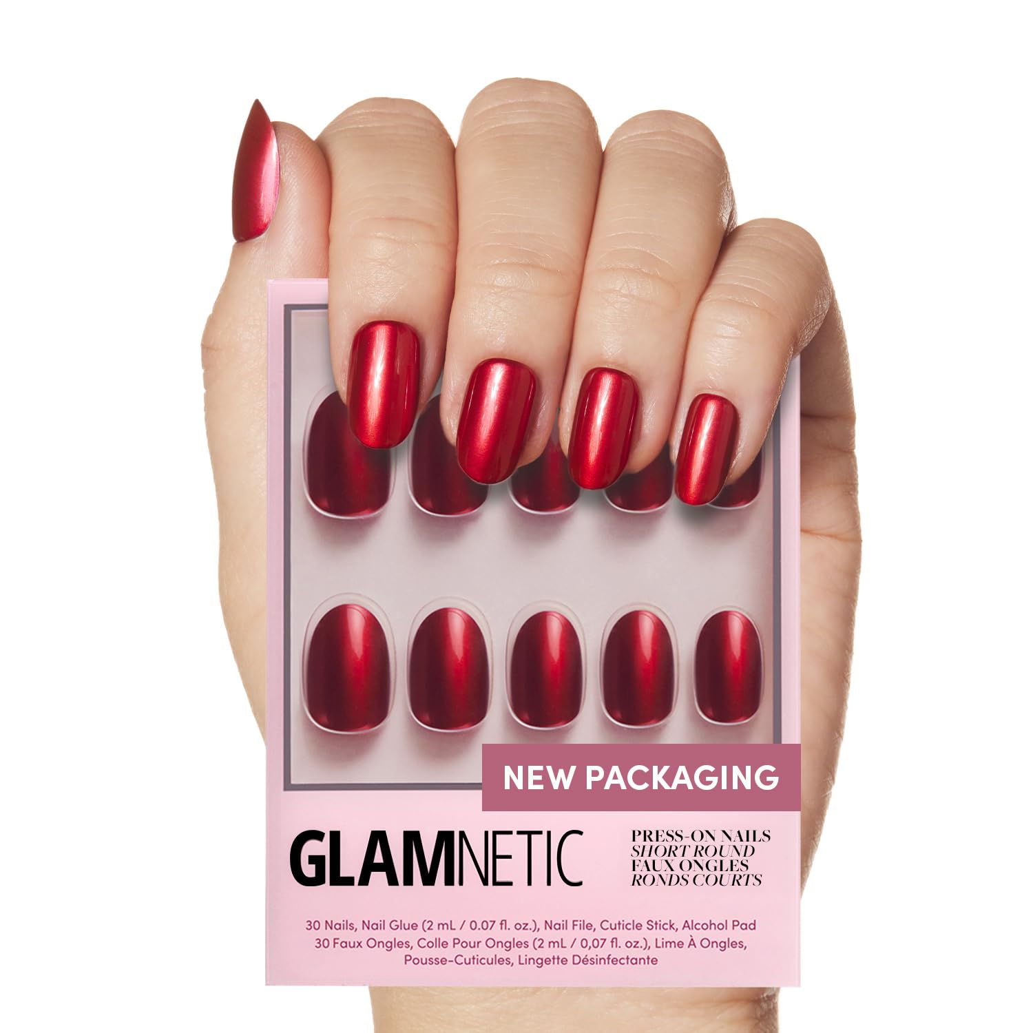 Glamnetic Press On Nails - Cherry Glaze | Short Round Bright Cherry Red Nails with a Glaze Finish | 15 Sizes - 30 Nail Kit with 