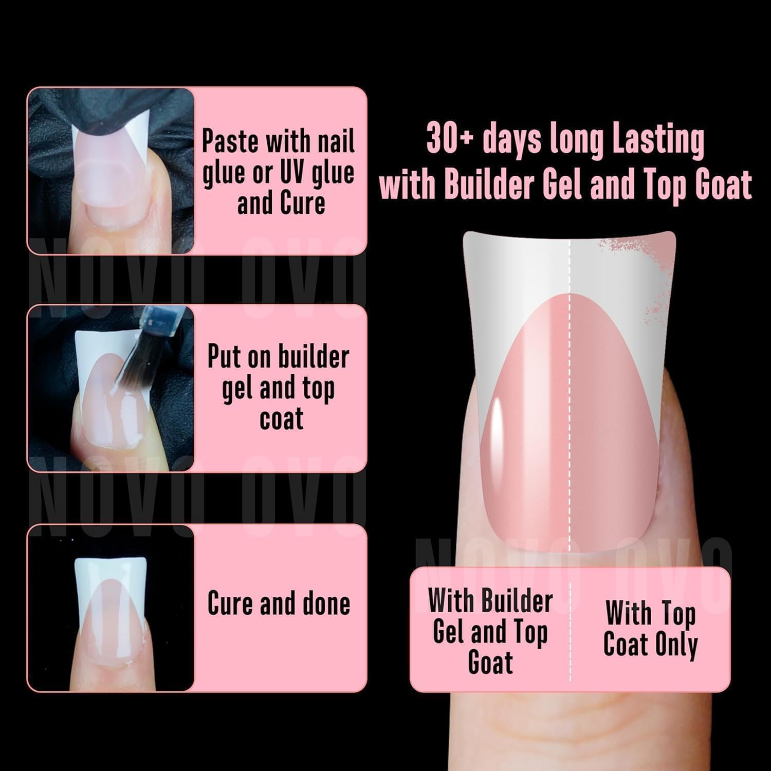 NOVO OVO White French Tip Short Duck Nail Tips Press on, BABY PINK Pre-designed Soft Gel Nail Extension, Extra thick Full Cover
