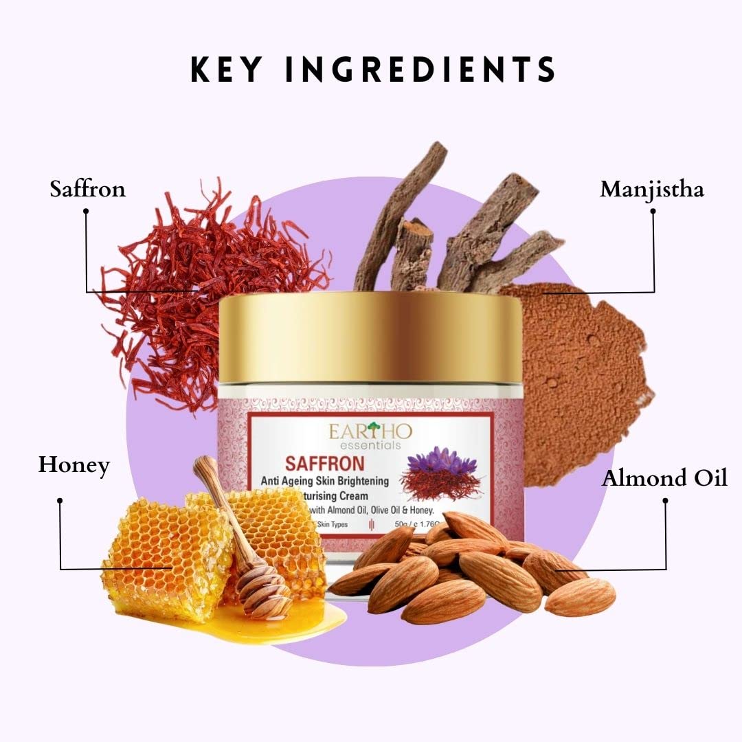 Eartho Essentials Ayurvedic Saffron Anti Ageing Brightening Moisturising Cream with Almond & Honey 50g