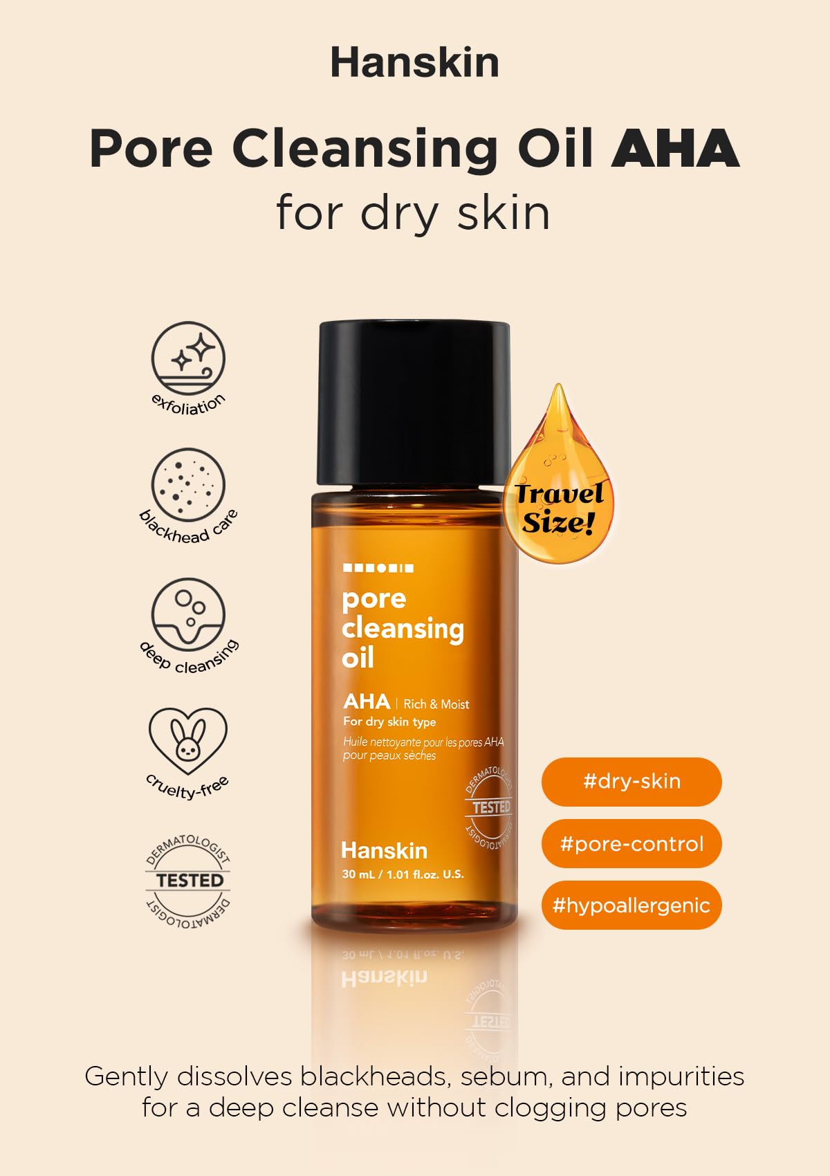 Hanskin Alpha Hydroxy Acid Pore Cleansing Oil, Sample Trial Mini Size, Exfoliating Makeup Remover Facial Cleanser Set, Moisturiz