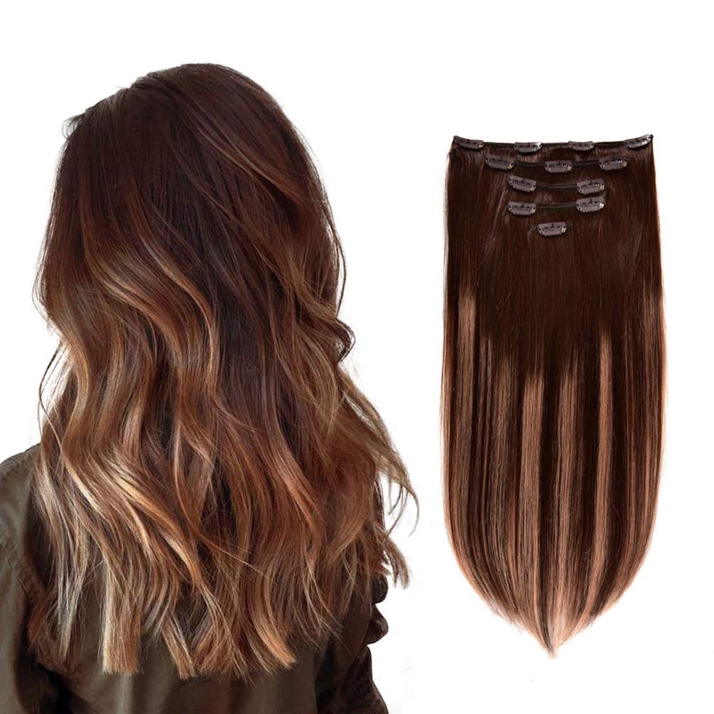 5 Pieces 12'' Remy Clip in Hair Extensions Human Hair Chocolate Brown to Honey Blonde Highlight Brown Ombre - Silky Straight Sho