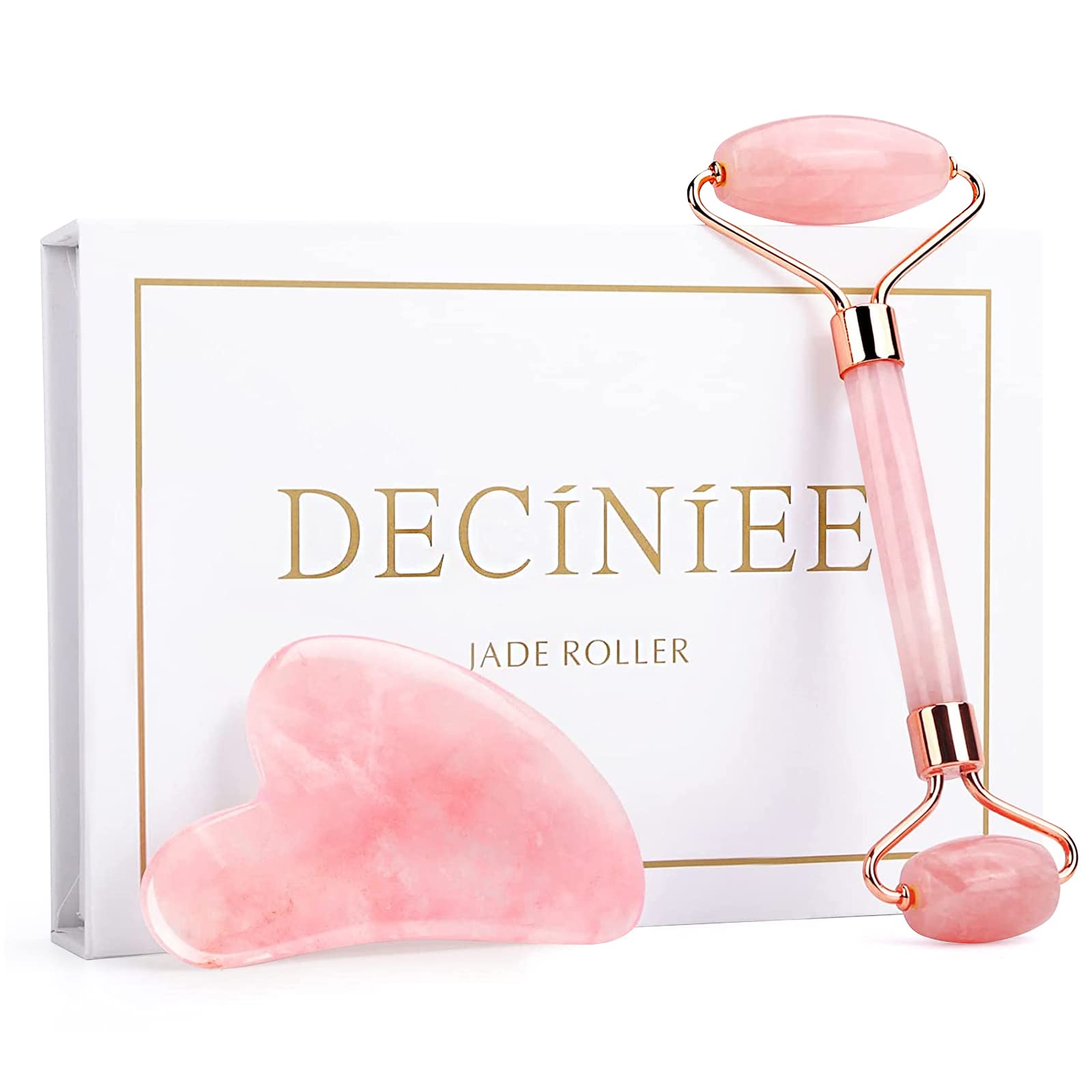 Deciniee Jade Roller And Gua Sha Set - Anti Aging Rose Quartz Face Massager For Eye, Neck - Natural Beauty Skin Care Tools Body