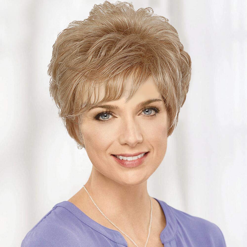 EMMOR Short Blonde Human Hair Wigs for Women Blend with Healthy Fiber Mixed Color Pixie Cut Wig,Natural Daily Use Hair (Color 30