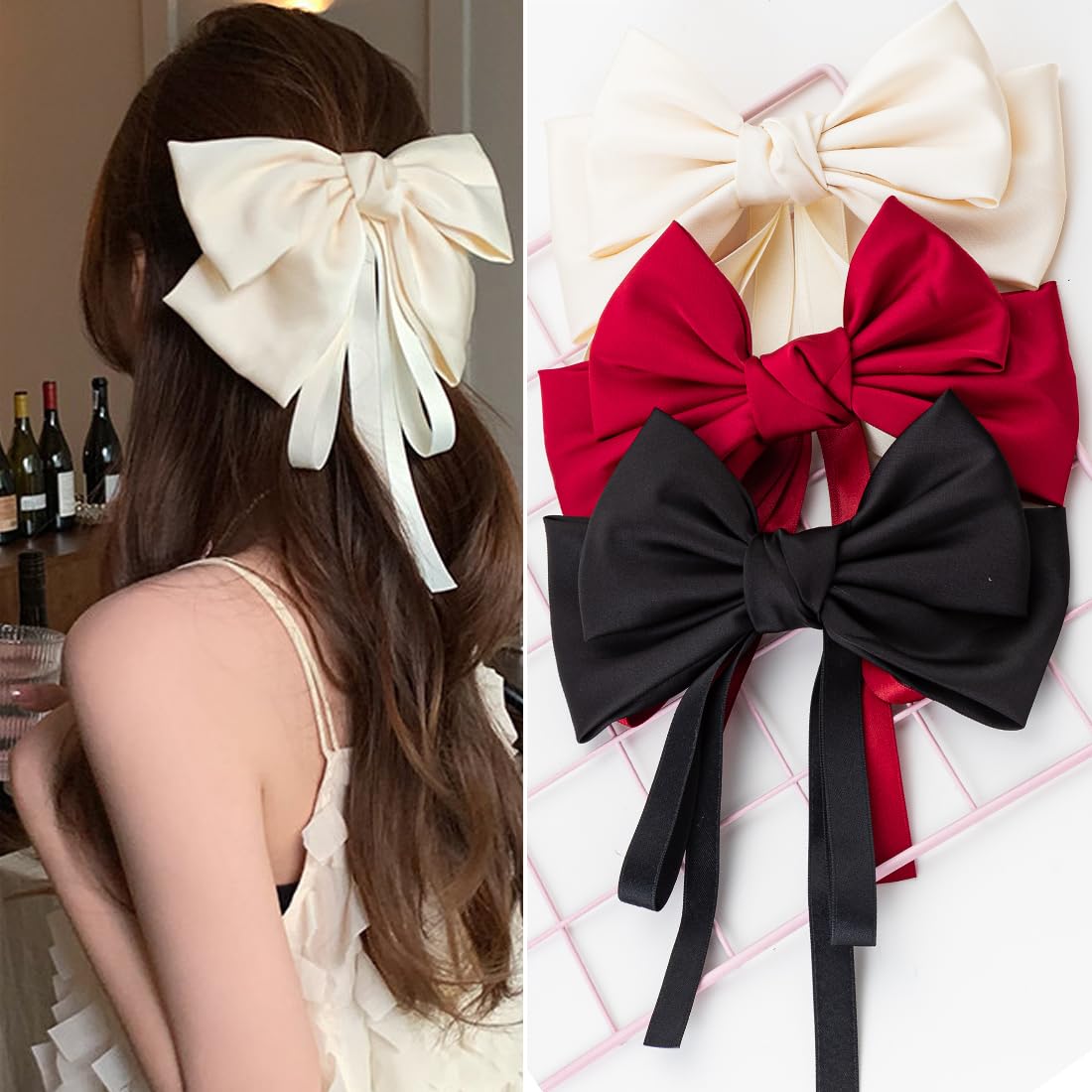 Seneeel Large Hair Bows 3 PCS, Hair Bows for Women, Oversized Long-tail Cute Aesthetic Hair Accessories, Big Bows for Girls (Bla