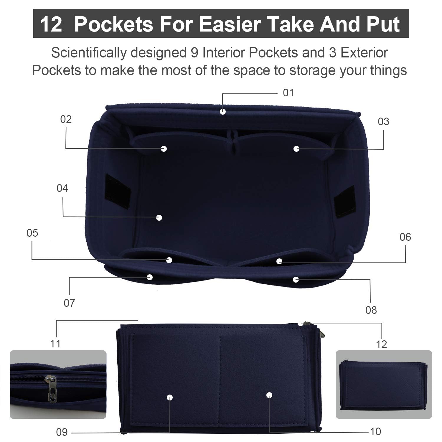OMYSTYLE Navy X-Large Purse Organizer Insert for Handbags, Felt Bag Organizer for Tote & Purse, Tote Bag Organizer Insert with 5