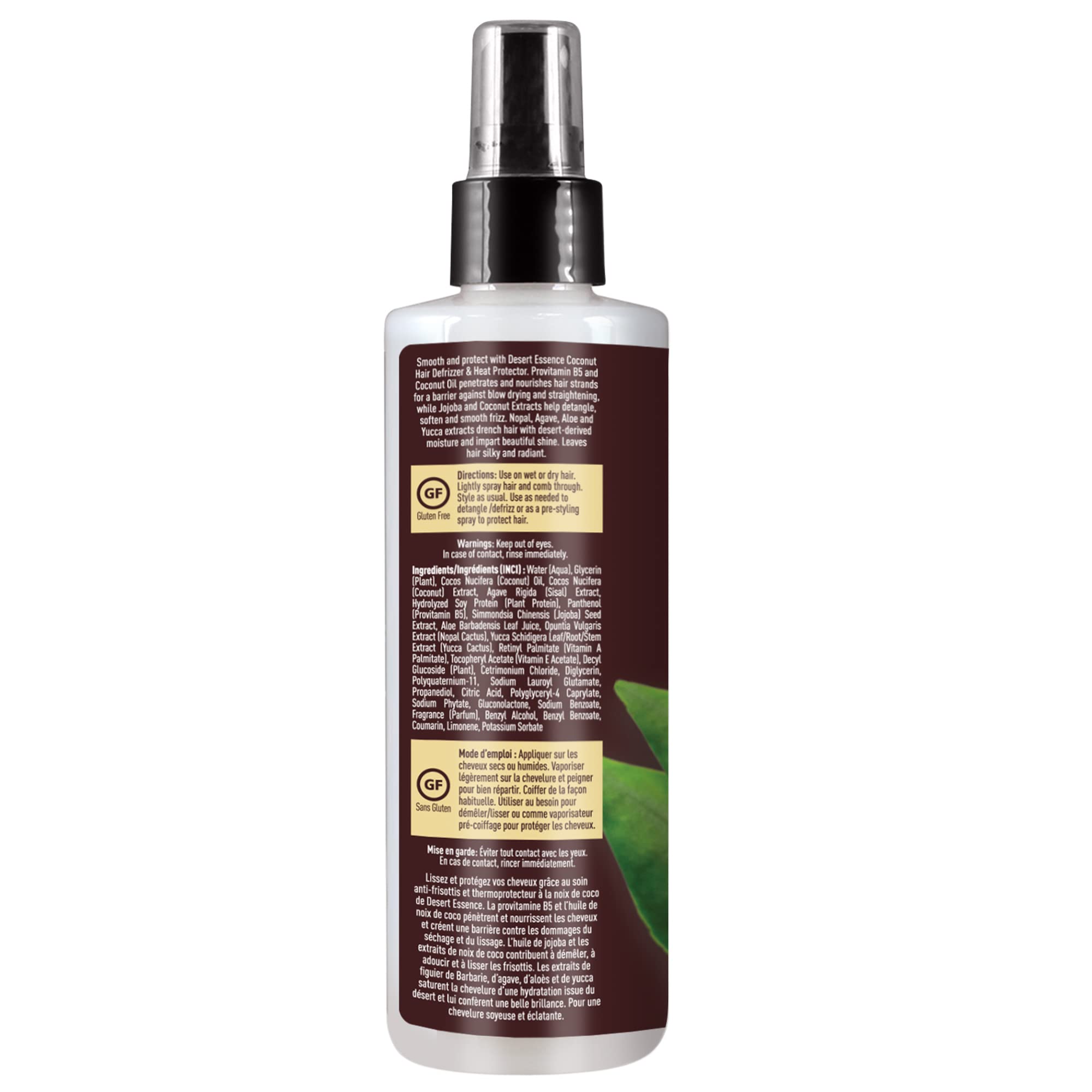 Desert Essence Coconut Hair Defrizzer & Heat Protector 8 Fl Oz - Gluten Free, Vegan, Cruelty Free - Coconut Oil & Jojoba Seed Ex
