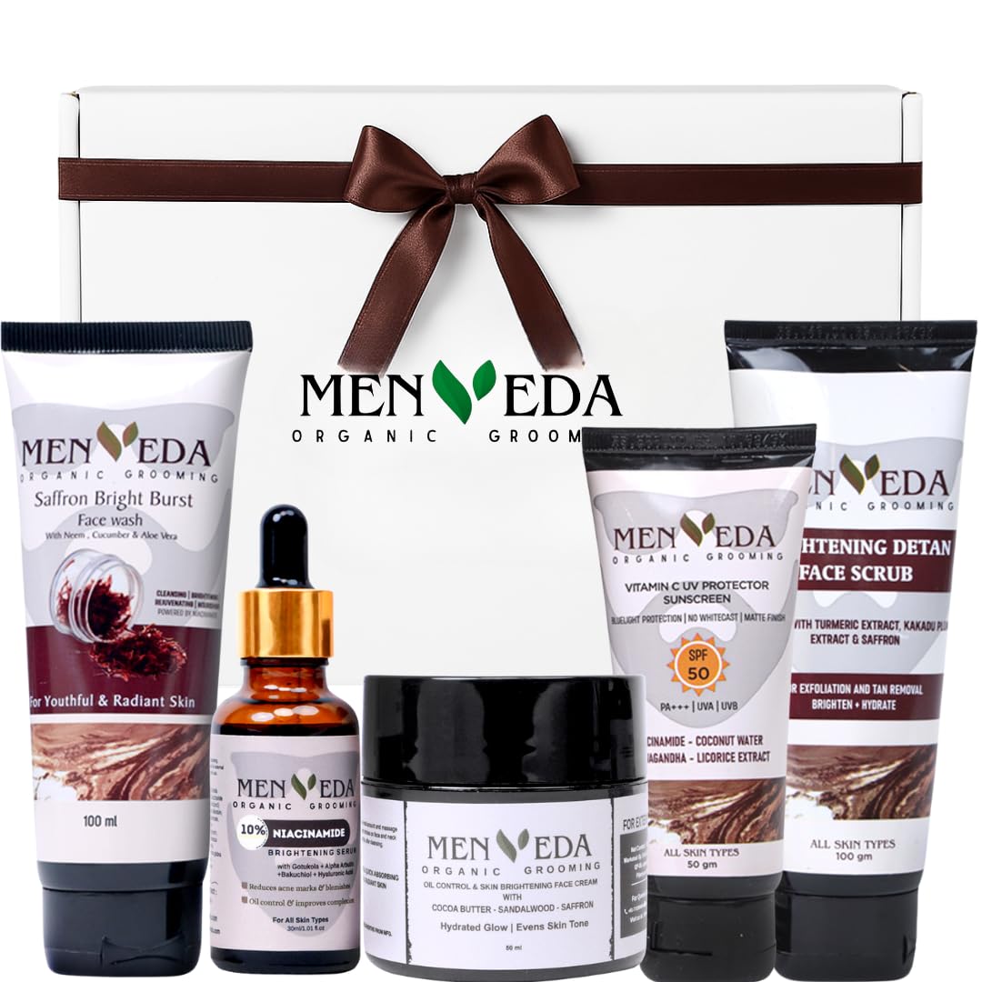 Menveda Grooming Kit For Men (Pack Of 5) | Face Wash, Scrub, Serum, Moisturizer & Sunscreen Complete Skincare Routine For Men | 