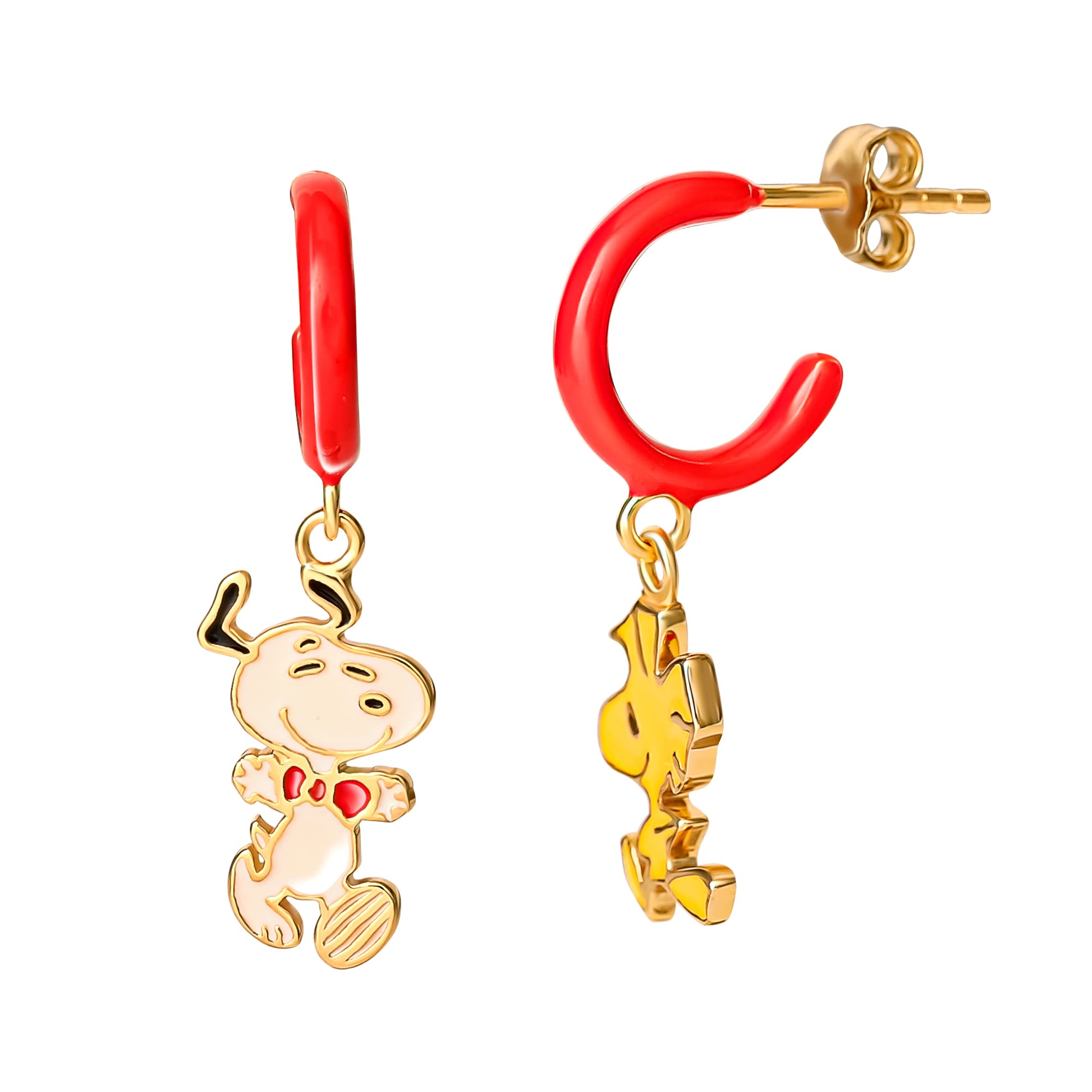 Peanuts Womens Flash Plated Sterling Silver and Enamel Woodstock and Snoopy Earrings - Small Hoop Dangle Earrings with Woodstock