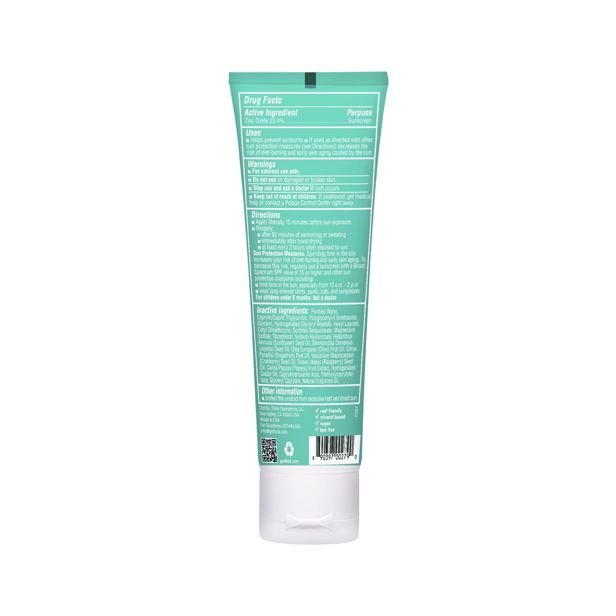 Thinkkids Safe Mineral Sunscreen Spf 50+, 3 Fl Oz, Natural, Water Resistant Reef Safe Sunscreen For Children, Broad Spectrum Uva