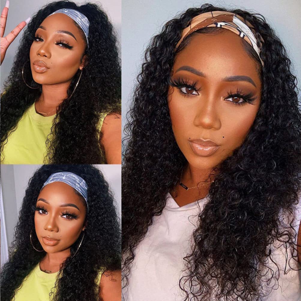 Rebasar Human Hair Headband Wig Deep Wave 18 Inch Curly Headband Wig Human Hair Wigs for Black Women Human Hair Glueless No Lace