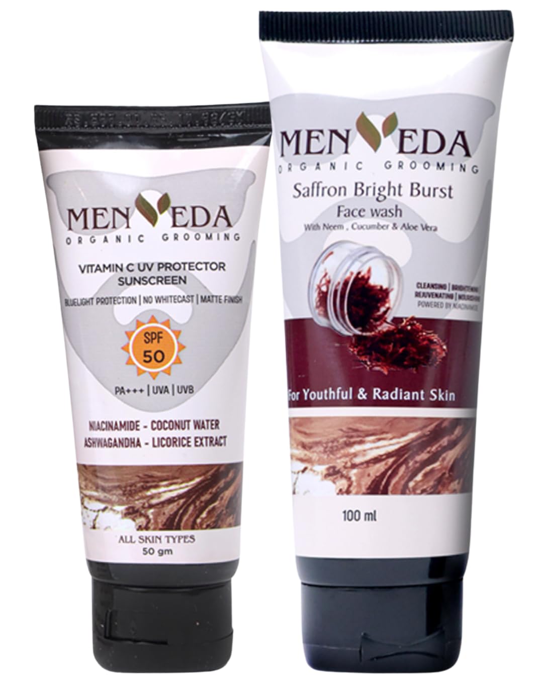 Menveda Saffron Bright Face Wash 100Ml & Vitamin C Sunscreen Spf 50 Pa+++ 50G (Pack Of 2) | Daily Skincare Routine For Men | Nou